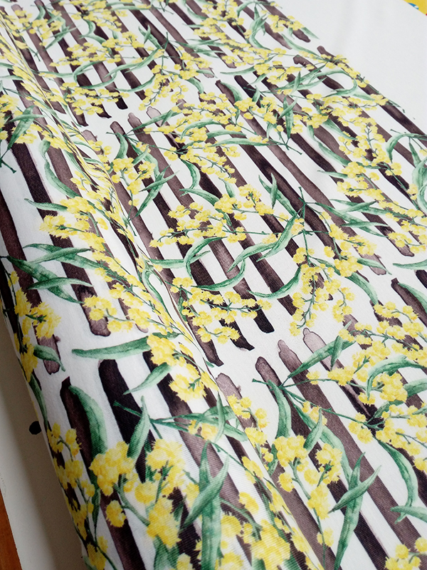 wattle design fabric, yellow and black fabric, jersey fabric, custom fabric printing