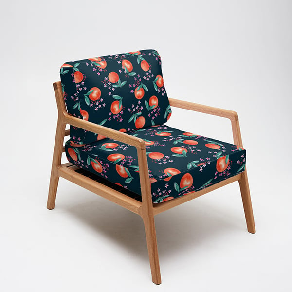 "Clementine Rose" fabric design used to upholster a chair