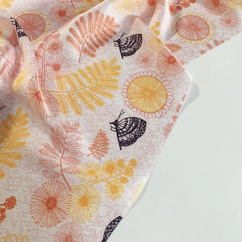 australian made fabrics, australian designer fabrics ,digital fabrics, amanda laing, pink yellow lace butterfly flower floral