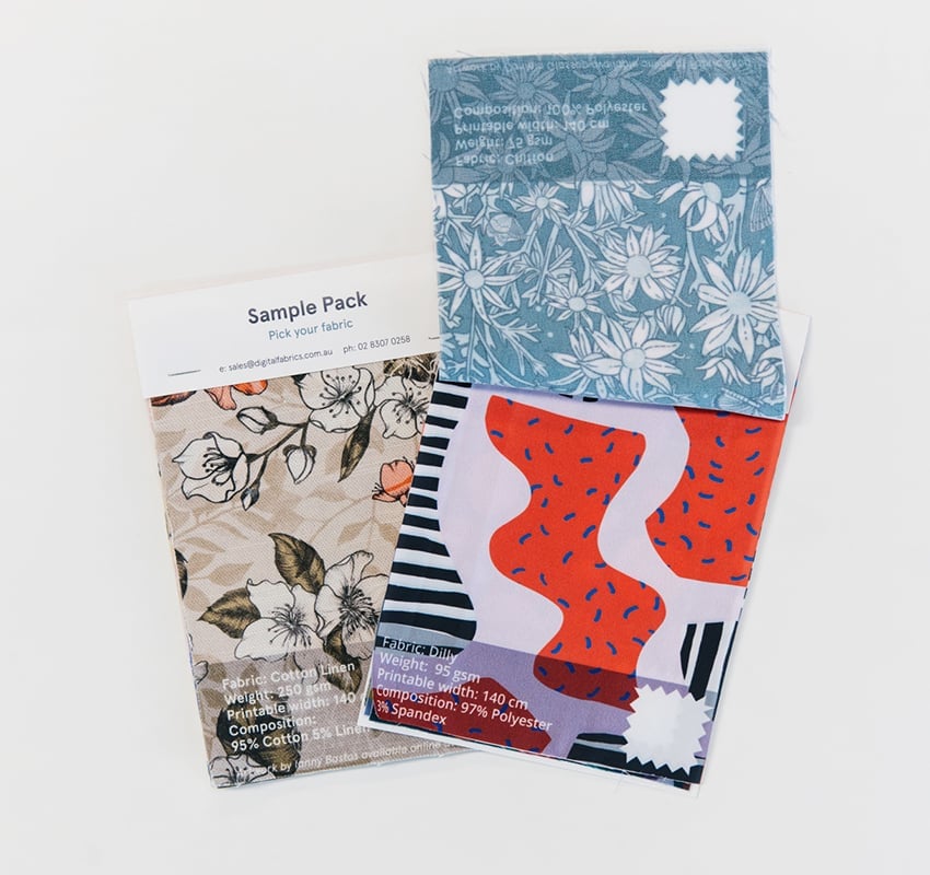 Digitally printed fabrics samples. Print your own fabric. 
